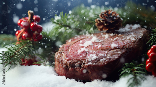 A photo of a fresh piece of juicy meat against the background of winter and winter scenery. 