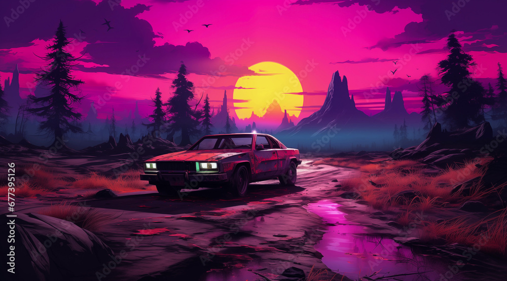 synthwave wasteland car at sunset with mountains and tall trees along side reflective swamp