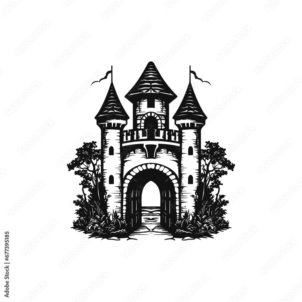 A sketch of a medieval castle drawn in a sketch style.
