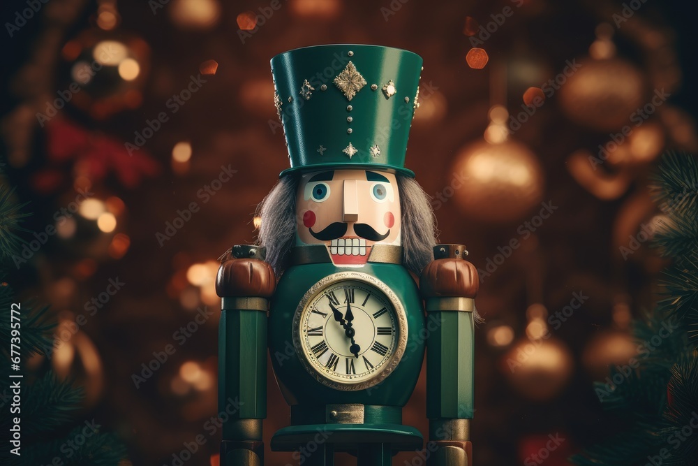 Antique traditional nutcracker doll on dark festive blurred background