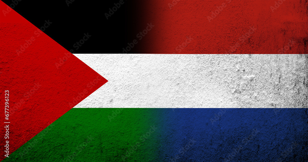 Flag of Palestine and The Kingdom of the Netherlands National flag. Grunge background Flag of Palestine and The Kingdom of the Netherlands National flag. Grunge background