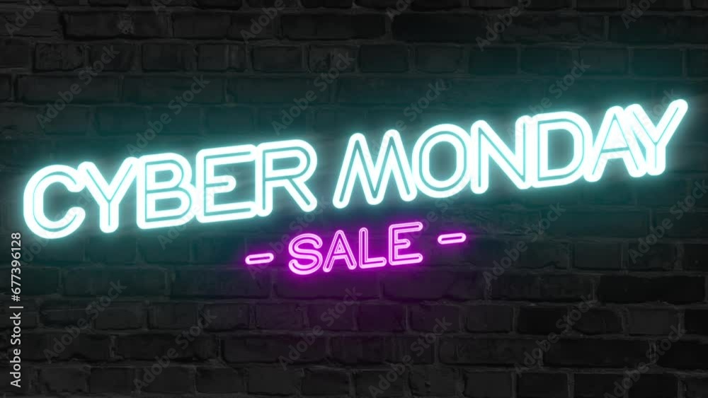 Animation video about cyber monday concept with 3d text glow on black brick background Animation video about cyber monday concept with 3d text glow on black brick background