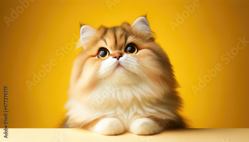 Adorable Cat Looking Upwards Banner - Fluffy Feline on Bright Yellow Background