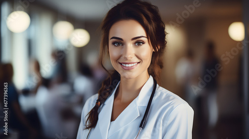 Female doctor or nurse standing confidently and smiling in front of a medical training class background, photo