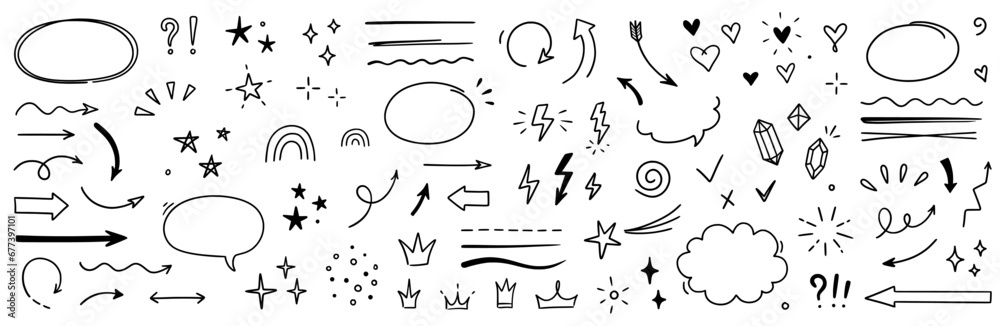 Sketch line arrow element, star, heart shape. Hand drawn doodle sketch style circle, cloud speech bubble grunge element set. Arrow, star, heart brush decoration. Vector illustration.