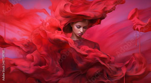 red woman in intricate flowing, paint, haze portrait showing motion and passion