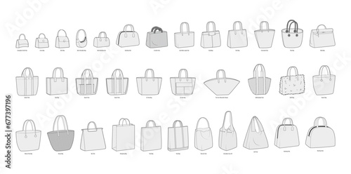 Set of Tote Bags silhouette. Fashion accessory technical illustration. Vector satchel front 3-4 view for Men, women, unisex style, flat handbag CAD mockup sketch outline isolated