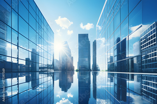 The low-angle photography shows reflective skyscrapers and business office buildings with glass curtain wall details reflecting the blue sky and white clouds, photo