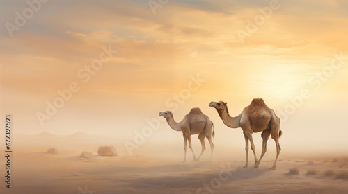 Camels in a desert.