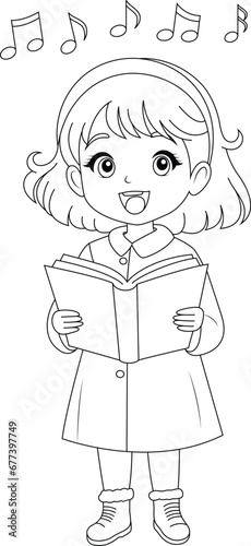 Coloring page a child singing Christmas carols.