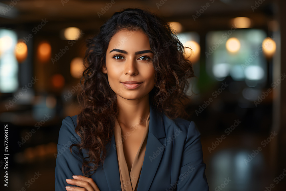 A successful and confident businesswoman of Hispanic, Latino, or Indian descent is posing in an office corporate portrait, smiling with crossed hands and looking at the camera,