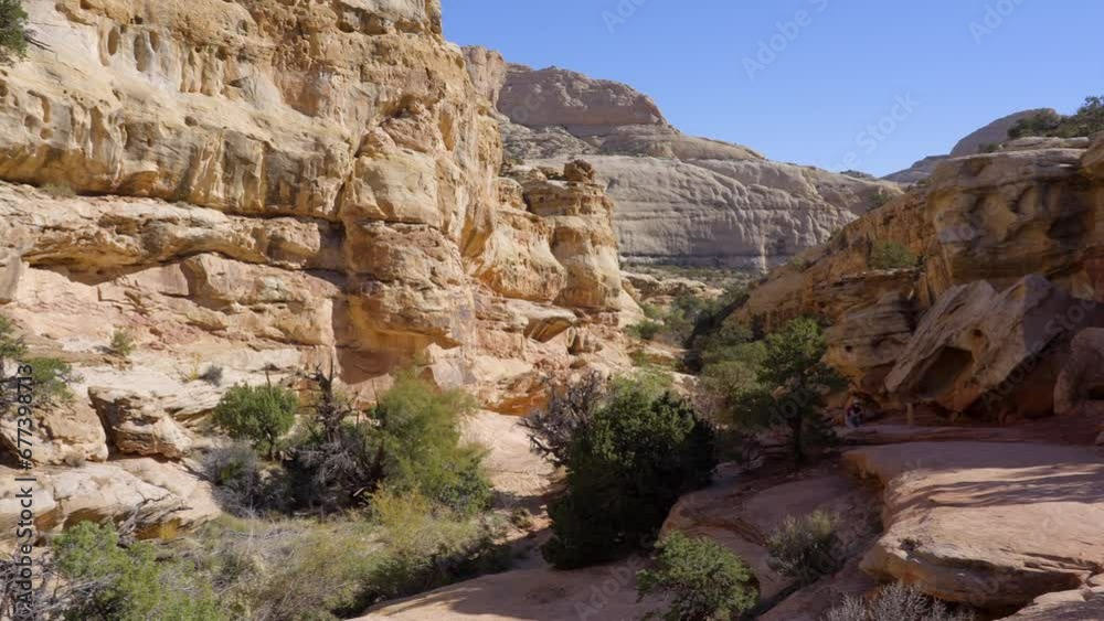 Establishing shot of mountain trail with red rocks background in ...