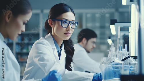 Beautiful young woman scientist wearing white coat and glasses in modern Medical Science Laboratory with Team of Specialists on bac.