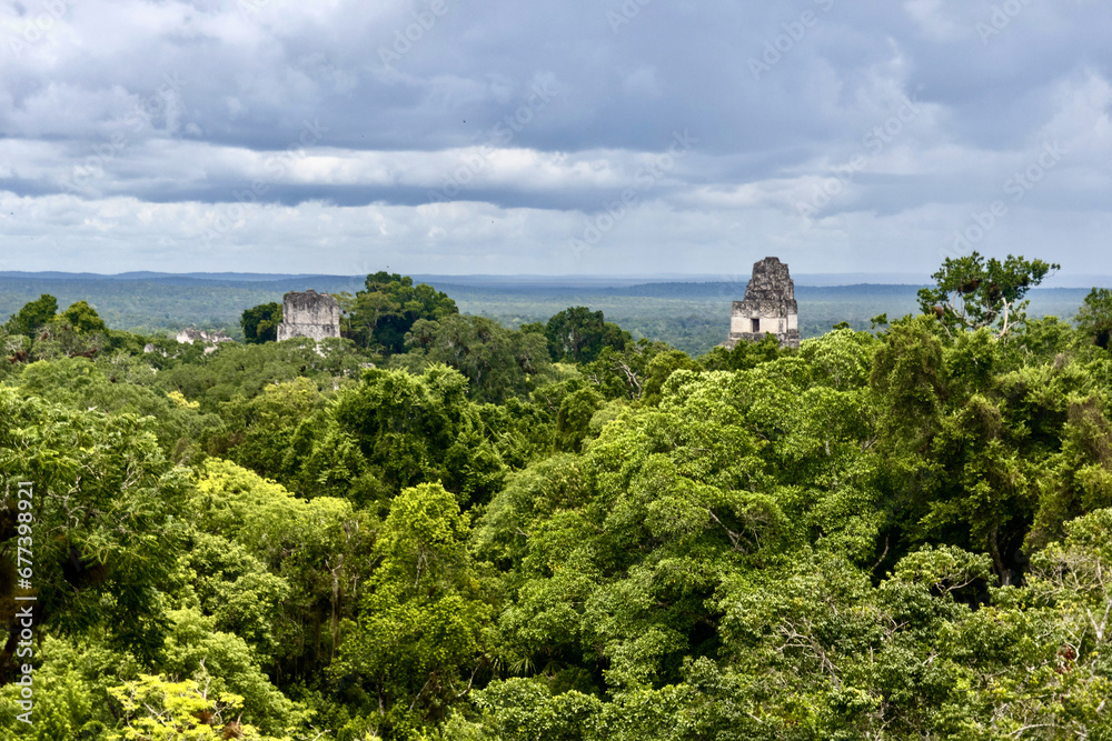 Mayan pyramids in the jungle at Tikal ruins in Guatamala