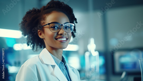 Beautiful young woman scientist wearing white coat and glasses in modern Medical Science Laboratory with Team of Specialists on bac. photo