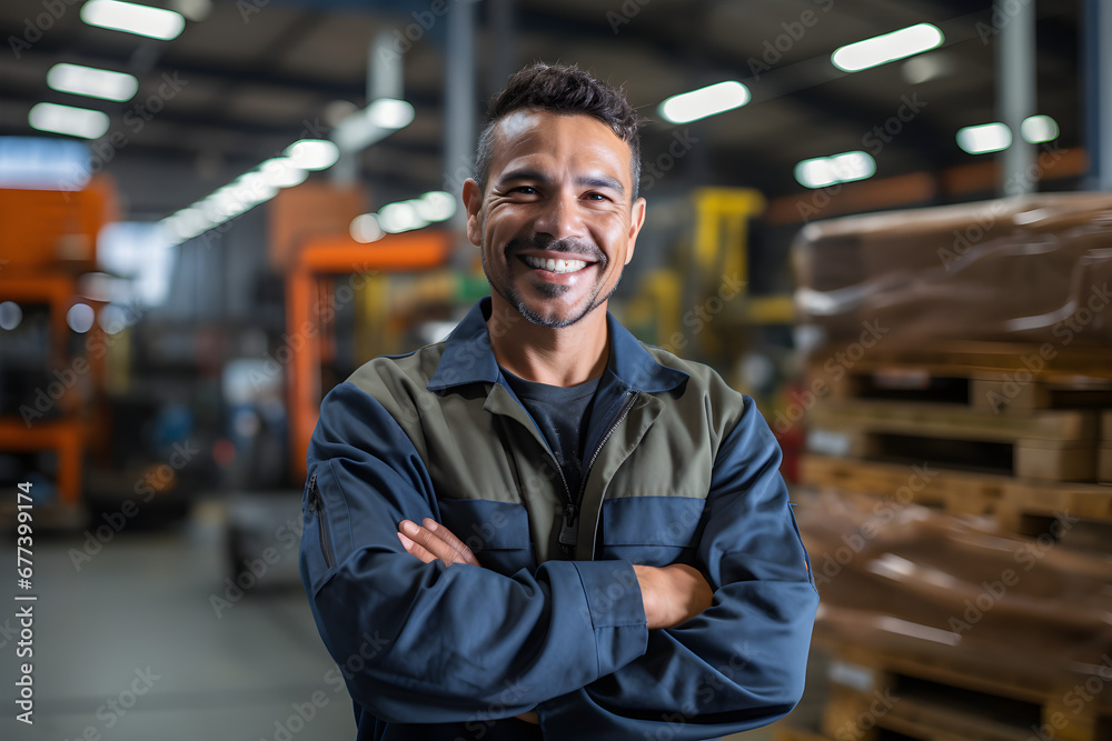 Confident Hispanic male factory worker with arms crossed in an industrial construction setting, captured in a candid shot, - obrazy, fototapety, plakaty 
