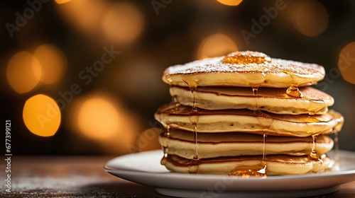 Stack of fluffy and golden pancakes, bokeh lights background. generative AI photo