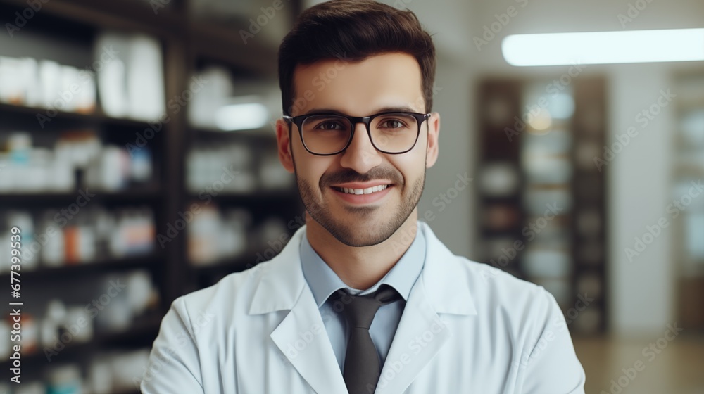 Professional confident pharmacist wearing lab coat and glasses. Druggist in drugstore store with shelves health care products. Professional confident pharmacist wearing lab coat and glasses. Druggist in drugstore store with shelves health care products.