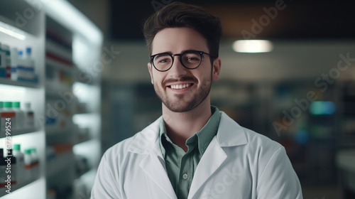 Professional confident pharmacist wearing lab coat and glasses. Druggist in drugstore store with shelves health care products.