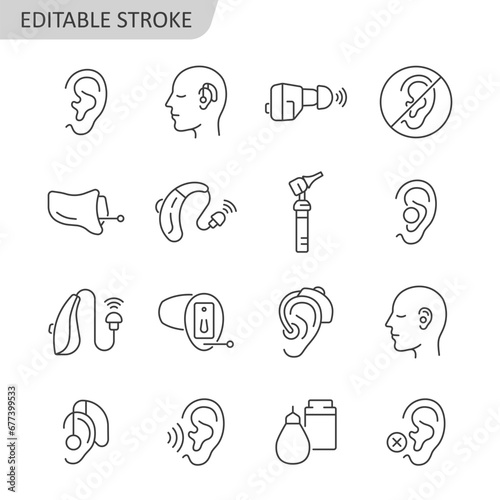 Hearing aid line icon set. Hearing problem vector collection. Editable stroke.