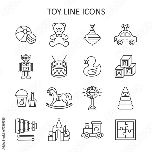 Baby toy line icon set. Vector collection with duck, bear, car, robot, horse, ball, rattle, drum.