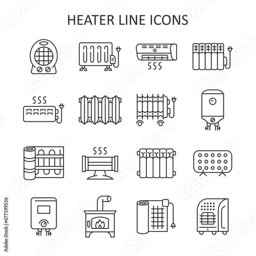 Heater line icon set. Heating equipment vector sign. Convector, oil radiator, furnace, fan heater, infrared heater, warm floor, air conditioner  symbols.