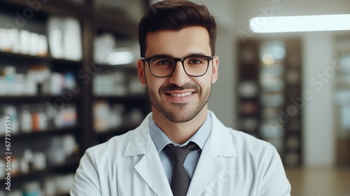 Professional confident pharmacist wearing lab coat and glasses. Druggist in drugstore store with shelves health care products.