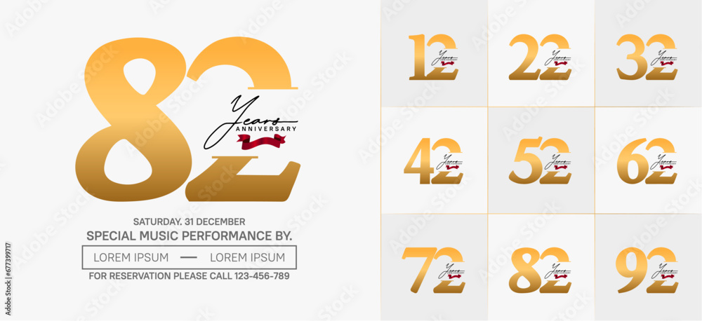 Set of Anniversary Logotype with red ribbon, gold color can be use for special day celebration