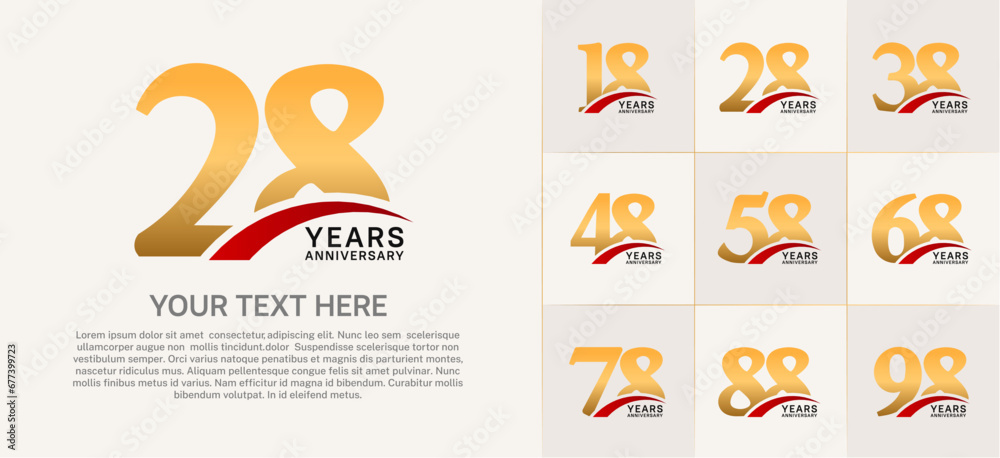 Set of Anniversary Logotype with red swoosh, gold color can be use for special day celebration