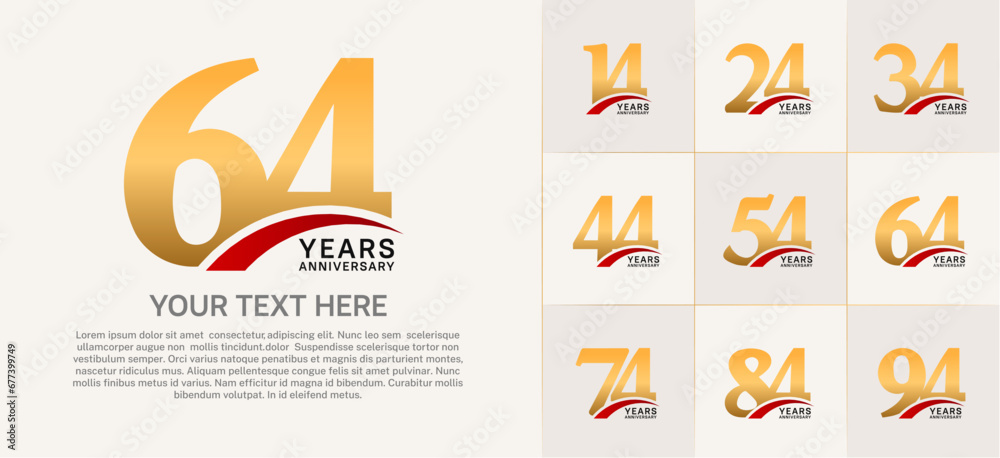 Set of Anniversary Logotype with red swoosh, gold color can be use for special day celebration