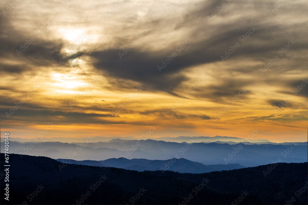 Sunrise with layers of Blue ridge mountains