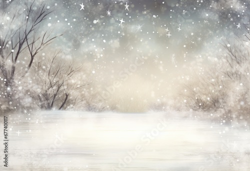 Winter snow scene with silver glitter background illustration, copy space