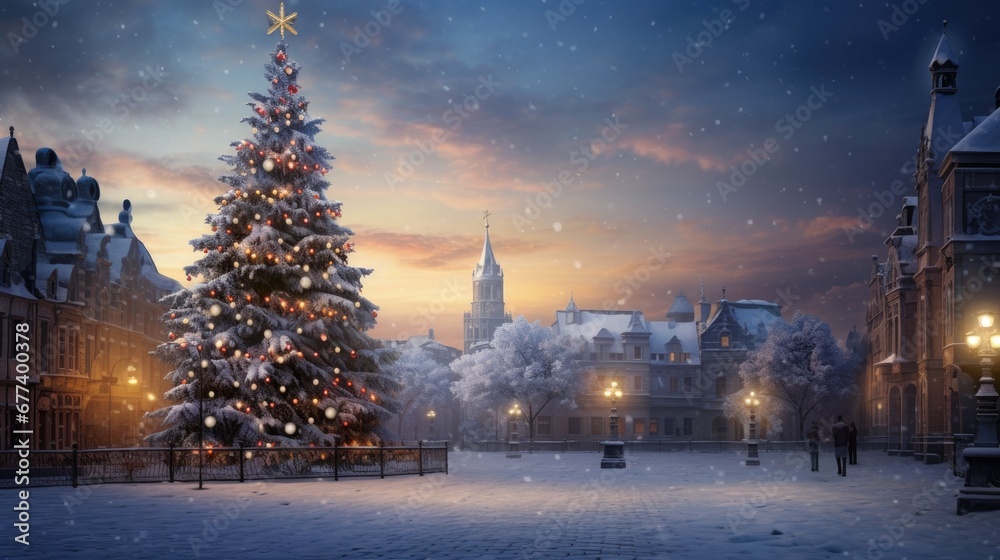 Fototapeta premium Majestic Christmas tree adorned with lights and snow in a quaint town at dusk