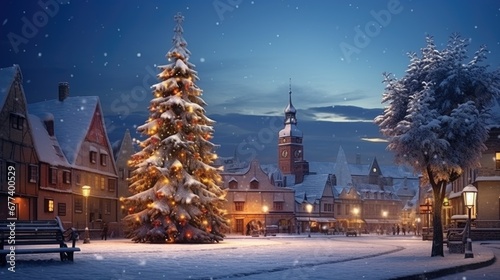 A towering Christmas tree with twinkling lights overlooks a snow-dusted village at twilight