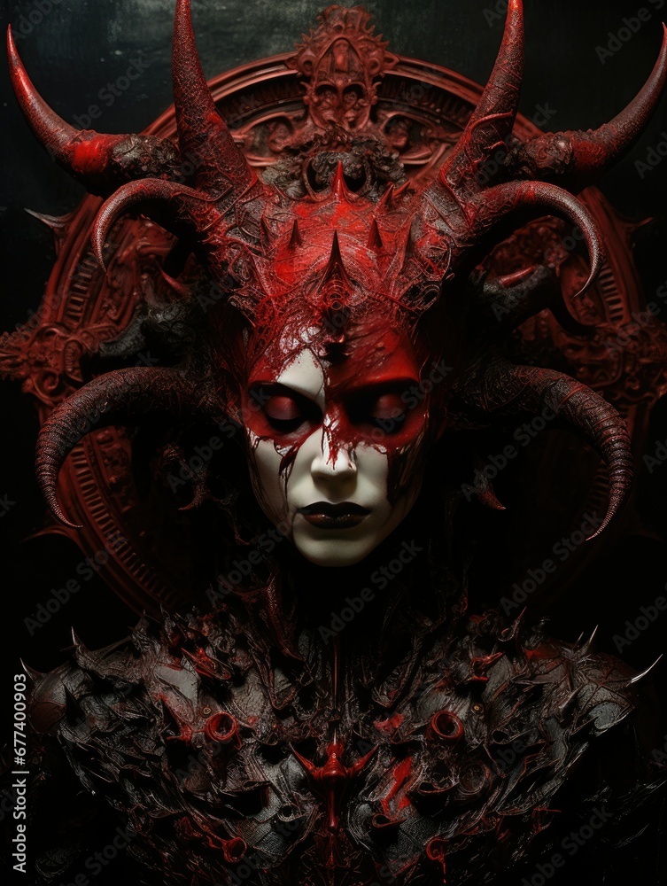 Malevolent demon depicted in sinister, blood-red hues, emanating an aura of ominous and chilling presence.
