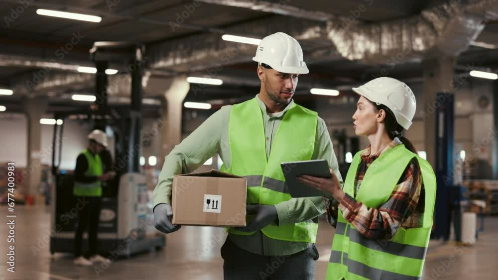 A woman in charge of inventory is displaying information on a digital tablet to a worker who is holding a cardboard box. They conversation while carrying out their tasks. Warehouse A woman in charge of inventory is displaying information on a digital tablet to a worker who is holding a cardboard box. They conversation while carrying out their tasks. Warehouse