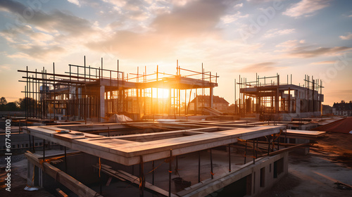 The construction site and sunset provide a picturesque background for building the large residential buildings with structural steel beams,