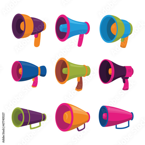 Set of megaphone speaker collection. Loudspeaker vector set. Announcement sign. Advertising concept. Customer service and Contact information