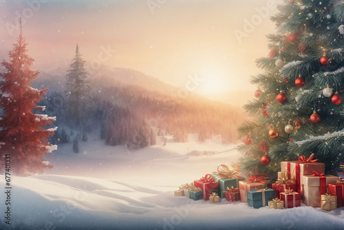 Christmas background, Watercolor illustration, Christmas design, landscape with trees and snow, christmas tree in the snow, christmas tree in the fog