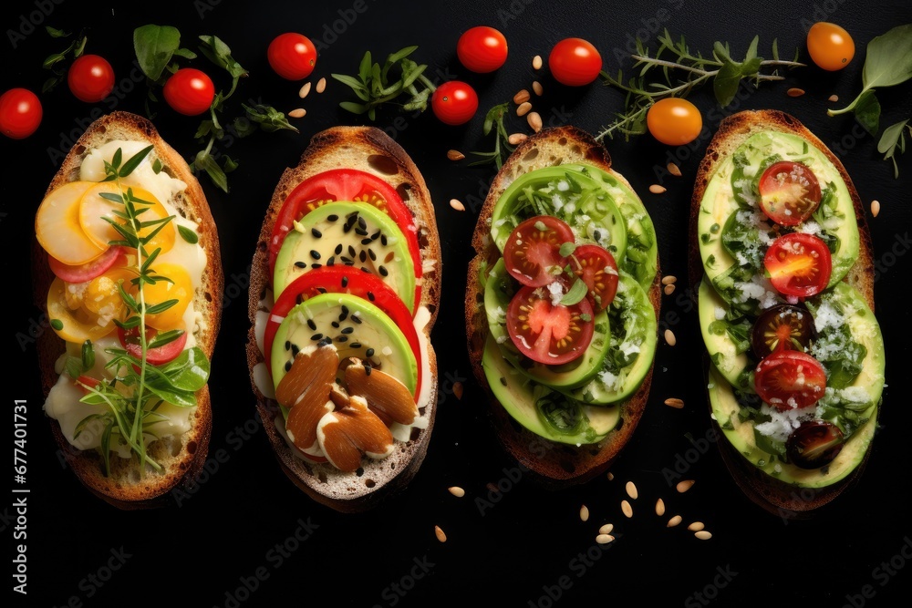 set of different bruschettas with prosciutto, salmon, tomatoes and avocado on a dark background. view from above