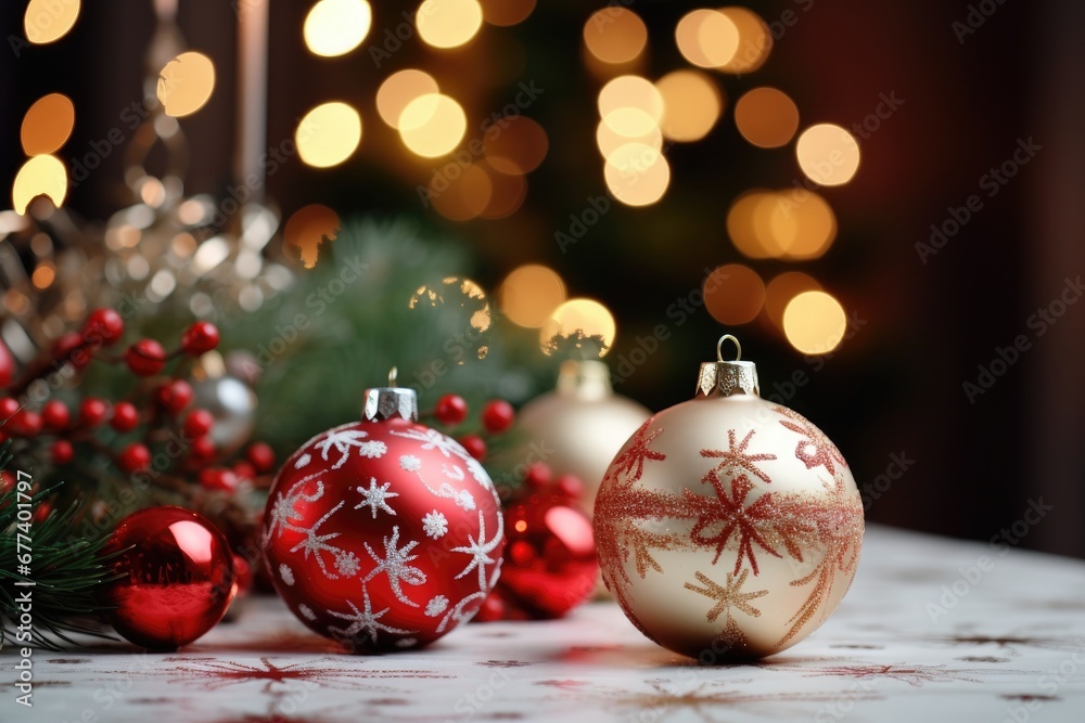Christmas holiday decor on the background of a Christmas tree, home comfort and holiday concept