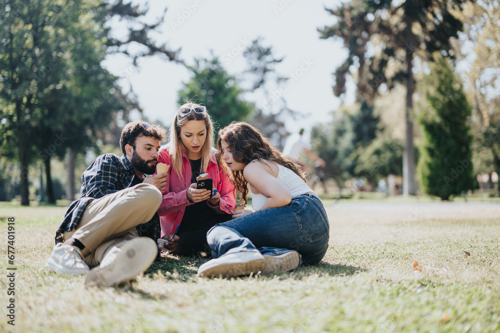 Young friends having fun in a city park on a sunny day. They relax, socialize, and enjoy nature carelessly. With ice cream in hand, they chat, laugh, and create positive memories.