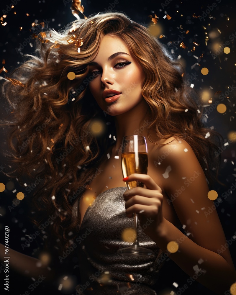beautiful happy young woman having fun, holding glass of champagne against confetti background
