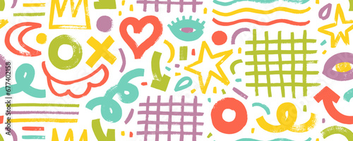 Memphis childish colored seamless banner design. Collage style horizontal seamless pattern.