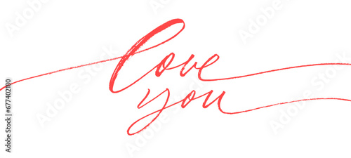Love you linear red calligraphy with swooshes. Hand drawn cursive text love you.