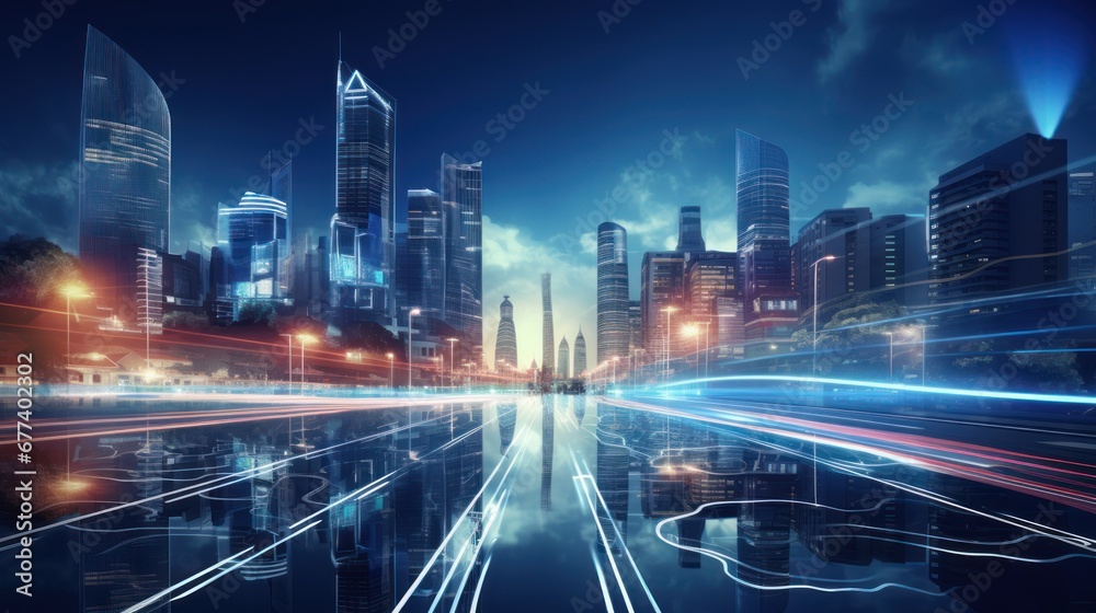 Modern city with high speed internet connection technology, can be used for display or montage your products, business, skyscraper, skyline, digital, connect, communication, network