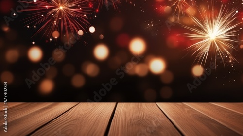 Wood floor empty with bokeh lights on fireworks background, Advertisement, Print media, Illustration, Banner, for website, copy space, for word, template, presentation