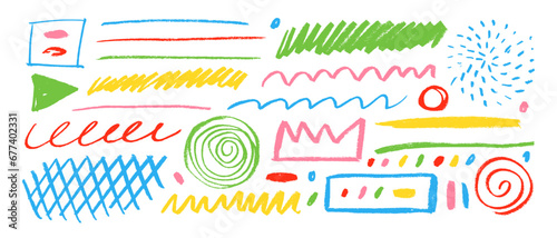 Colored charcoal pencil scribble vector set. Crayon outline drawings, doodle shapes.