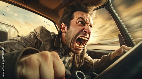 Man in a car, visibly frustrated and screaming in a fit of road rage amidst congested traffic, reflecting the challenges of urban commuting. photo