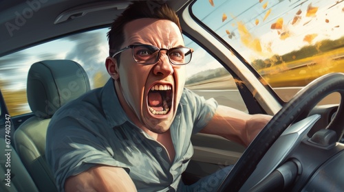 Man in a car, visibly frustrated and screaming in a fit of road rage amidst congested traffic, reflecting the challenges of urban commuting.